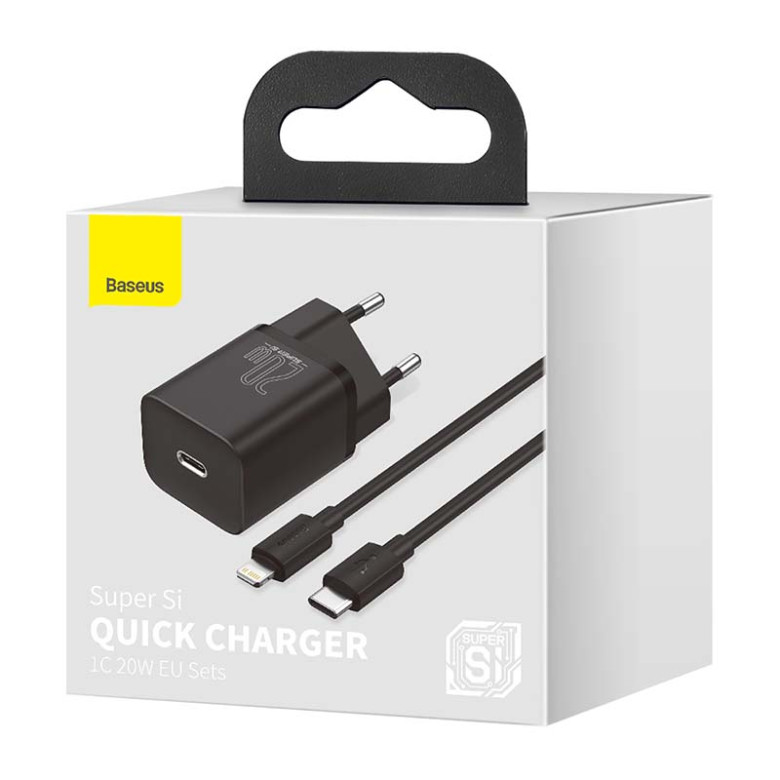 Baseus Super Si gyorstöltő 1C 20W adapter1 m-es USB-C-Lightning kábellel (fekete) Baseus Super Si gyorstöltő 1C 20W adapter1 m-es USB-C-Lightning kábellel (fekete)