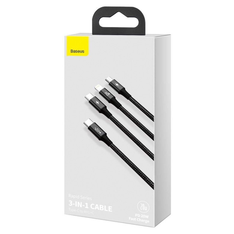 Baseus Rapid Series USB-C 3 az 1-ben kábel, mikro USB / Lightning / USB-C, 20 W, 1,5 m (fekete) Baseus Rapid Series USB-C 3 az 1-ben kábel, mikro USB / Lightning / USB-C, 20 W, 1,5 m (fekete)