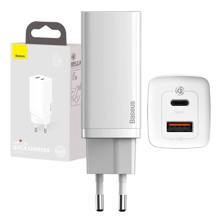 Baseus GaN2 Lite fali töltő, USB + USB-C, 65 W, EU (fehér) Baseus GaN2 Lite fali töltő, USB + USB-C, 65 W, EU (fehér)