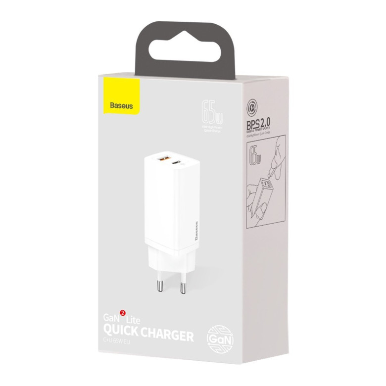 Baseus GaN2 Lite fali töltő, USB + USB-C, 65 W, EU (fehér) Baseus GaN2 Lite fali töltő, USB + USB-C, 65 W, EU (fehér)