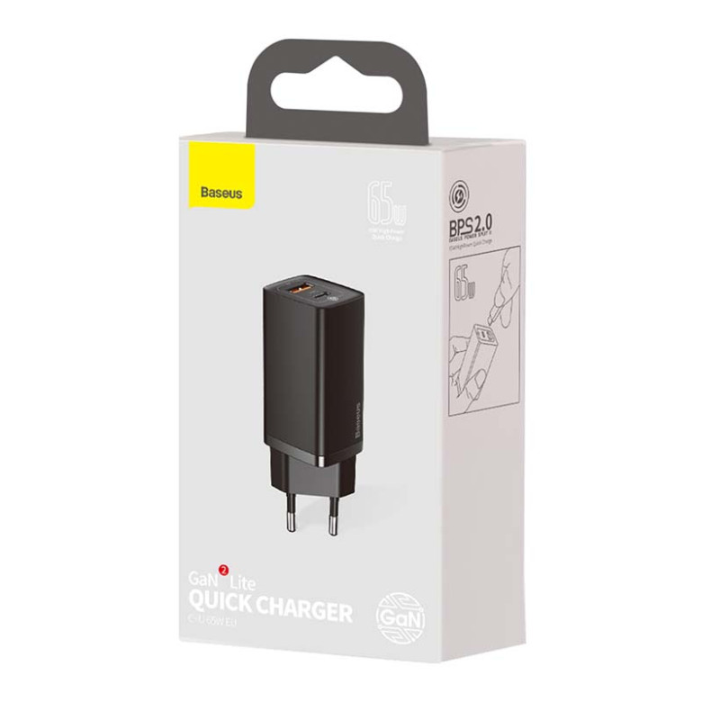 Baseus GaN2 Lite fali töltő, USB + USB-C, 65 W, EU (fekete) Baseus GaN2 Lite fali töltő, USB + USB-C, 65 W, EU (fekete)