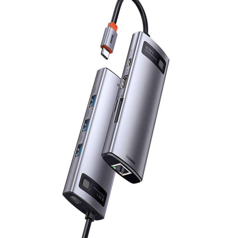 Baseus Metal Gleam Series 8 az 1-ben hub, USB-C - 3x USB 3.0 + HDMI + USB-C PD + Ethernet RJ45 + microSD / SD Baseus Metal Gleam Series 8 az 1-ben hub, USB-C - 3x USB 3.0 + HDMI + USB-C PD + Ethernet RJ45 + microSD / SD