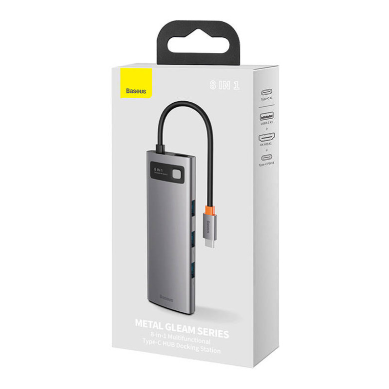 Baseus Metal Gleam Series 8 az 1-ben hub, USB-C - 3x USB 3.0 + HDMI + USB-C PD + Ethernet RJ45 + microSD / SD Baseus Metal Gleam Series 8 az 1-ben hub, USB-C - 3x USB 3.0 + HDMI + USB-C PD + Ethernet RJ45 + microSD / SD