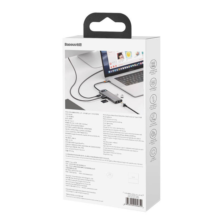 Baseus Metal Gleam Series 8 az 1-ben hub, USB-C - 3x USB 3.0 + HDMI + USB-C PD + Ethernet RJ45 + microSD / SD Baseus Metal Gleam Series 8 az 1-ben hub, USB-C - 3x USB 3.0 + HDMI + USB-C PD + Ethernet RJ45 + microSD / SD