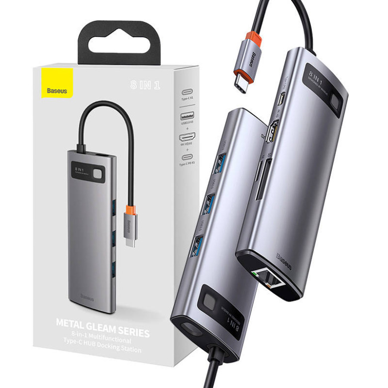 Baseus Metal Gleam Series 8 az 1-ben hub, USB-C - 3x USB 3.0 + HDMI + USB-C PD + Ethernet RJ45 + microSD / SD