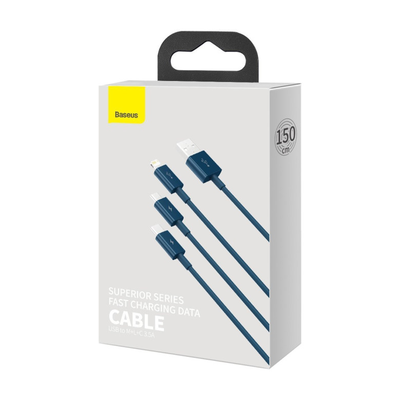 Baseus Superior Series 3 az 1-ben USB-kábel, USB-Micro USB / USB-C / Lightning, 3,5 A, 1,5 m (kék) Baseus Superior Series 3 az 1-ben USB-kábel, USB-Micro USB / USB-C / Lightning, 3,5 A, 1,5 m (kék)