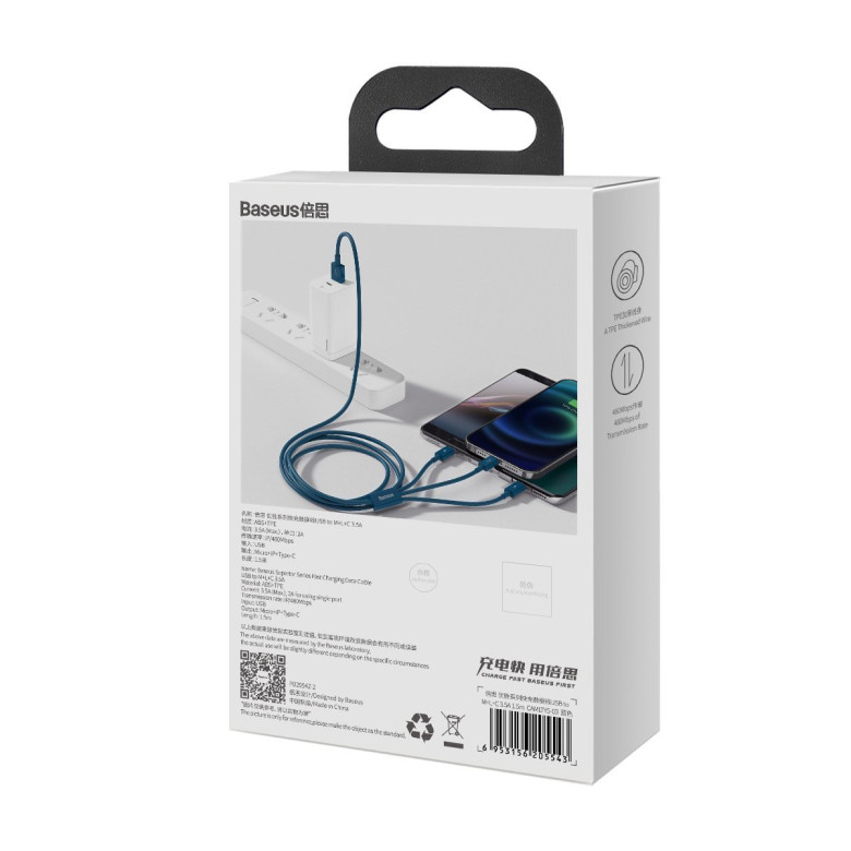 Baseus Superior Series 3 az 1-ben USB-kábel, USB-Micro USB / USB-C / Lightning, 3,5 A, 1,5 m (kék) Baseus Superior Series 3 az 1-ben USB-kábel, USB-Micro USB / USB-C / Lightning, 3,5 A, 1,5 m (kék)