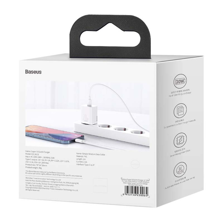 Baseus Super Si gyorstöltő 1C 20W adapter 1 m-es USB-C-Lightning kábellel (fehér) Baseus Super Si gyorstöltő 1C 20W adapter 1 m-es USB-C-Lightning kábellel (fehér)