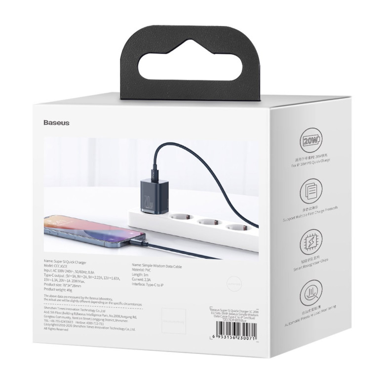 Baseus Super Si Quick Charger 1C 20W fali töltő 1 m-es USB-C-lighting kábellel (kék) Baseus Super Si Quick Charger 1C 20W fali töltő 1 m-es USB-C-lighting kábellel (kék)