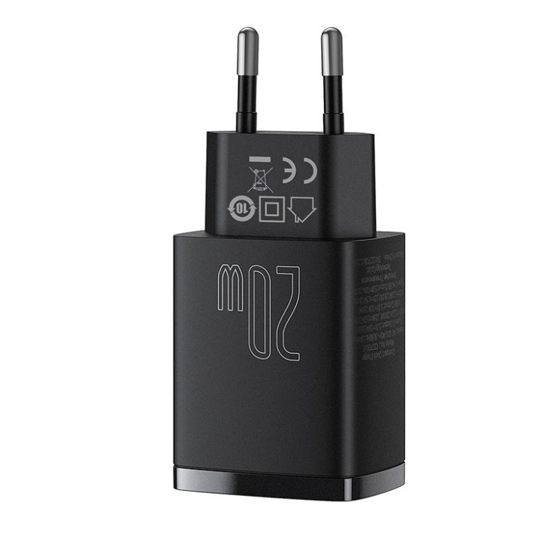 Baseus kompakt gyorstöltő, USB, USB-C, 20 W (fekete) Baseus kompakt gyorstöltő, USB, USB-C, 20 W (fekete)