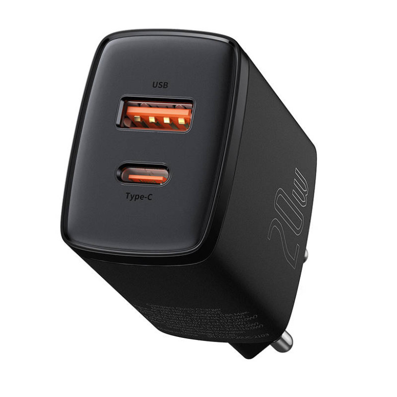 Baseus kompakt gyorstöltő, USB, USB-C, 20 W (fekete) Baseus kompakt gyorstöltő, USB, USB-C, 20 W (fekete)