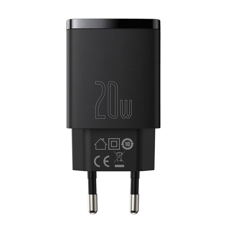 Baseus kompakt gyorstöltő, USB, USB-C, 20 W (fekete) Baseus kompakt gyorstöltő, USB, USB-C, 20 W (fekete)