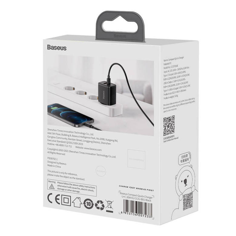 Baseus kompakt gyorstöltő, USB, USB-C, 20 W (fekete) Baseus kompakt gyorstöltő, USB, USB-C, 20 W (fekete)