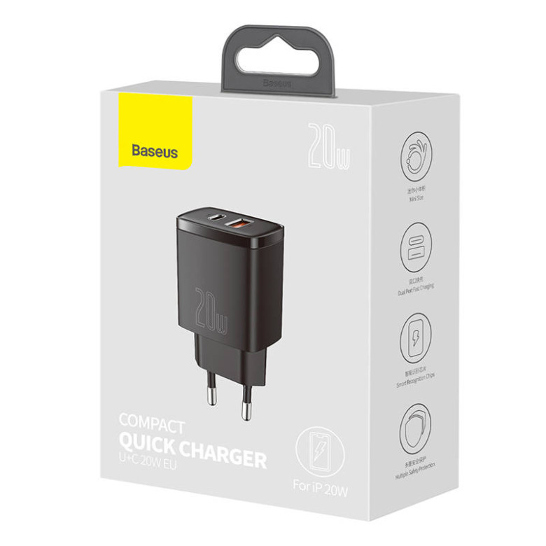 Baseus kompakt gyorstöltő, USB, USB-C, 20 W (fekete) Baseus kompakt gyorstöltő, USB, USB-C, 20 W (fekete)