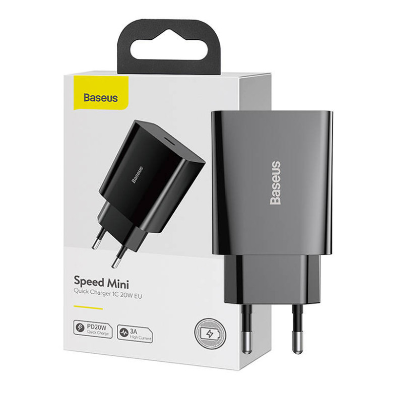 Baseus speed mini gyorstöltő, USB + USB-C, PD, 3A, 20 W (fekete)