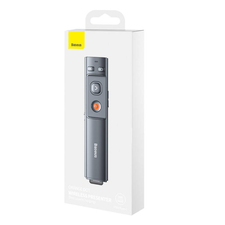 Baseus Orange Dot multifunkcionális távirányító prezentációkhoz, lézermutatóval, újratölthető (szürke) Baseus Orange Dot multifunkcionális távirányító prezentációkhoz, lézermutatóval, újratölthető (szürke)