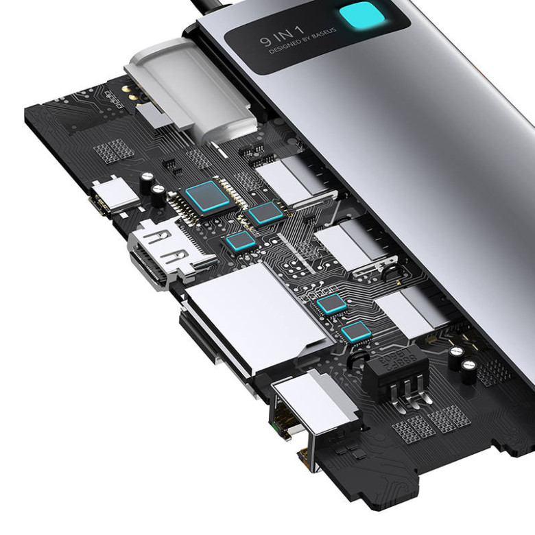 Baseus Metal Gleam Series 9 az 1-ben hub, USB-C - 3x USB 3.0 + HDMI + USB-C PD + Ethernet RJ45 + microSD / SD + VGA Baseus Metal Gleam Series 9 az 1-ben hub, USB-C - 3x USB 3.0 + HDMI + USB-C PD + Ethernet RJ45 + microSD / SD + VGA
