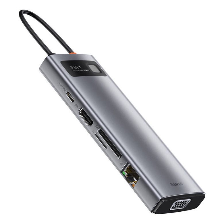 Baseus Metal Gleam Series 9 az 1-ben hub, USB-C - 3x USB 3.0 + HDMI + USB-C PD + Ethernet RJ45 + microSD / SD + VGA Baseus Metal Gleam Series 9 az 1-ben hub, USB-C - 3x USB 3.0 + HDMI + USB-C PD + Ethernet RJ45 + microSD / SD + VGA