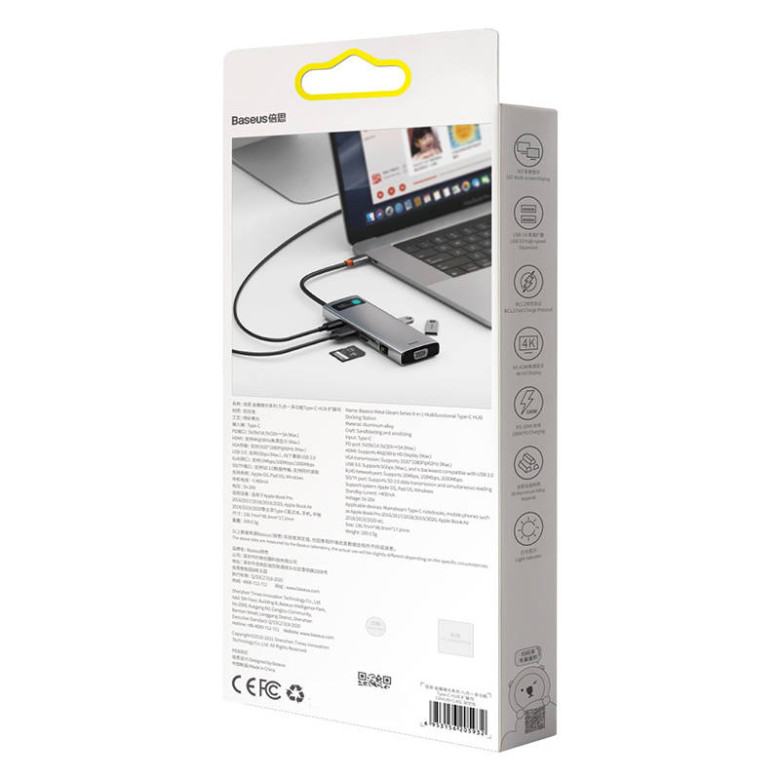 Baseus Metal Gleam Series 9 az 1-ben hub, USB-C - 3x USB 3.0 + HDMI + USB-C PD + Ethernet RJ45 + microSD / SD + VGA Baseus Metal Gleam Series 9 az 1-ben hub, USB-C - 3x USB 3.0 + HDMI + USB-C PD + Ethernet RJ45 + microSD / SD + VGA