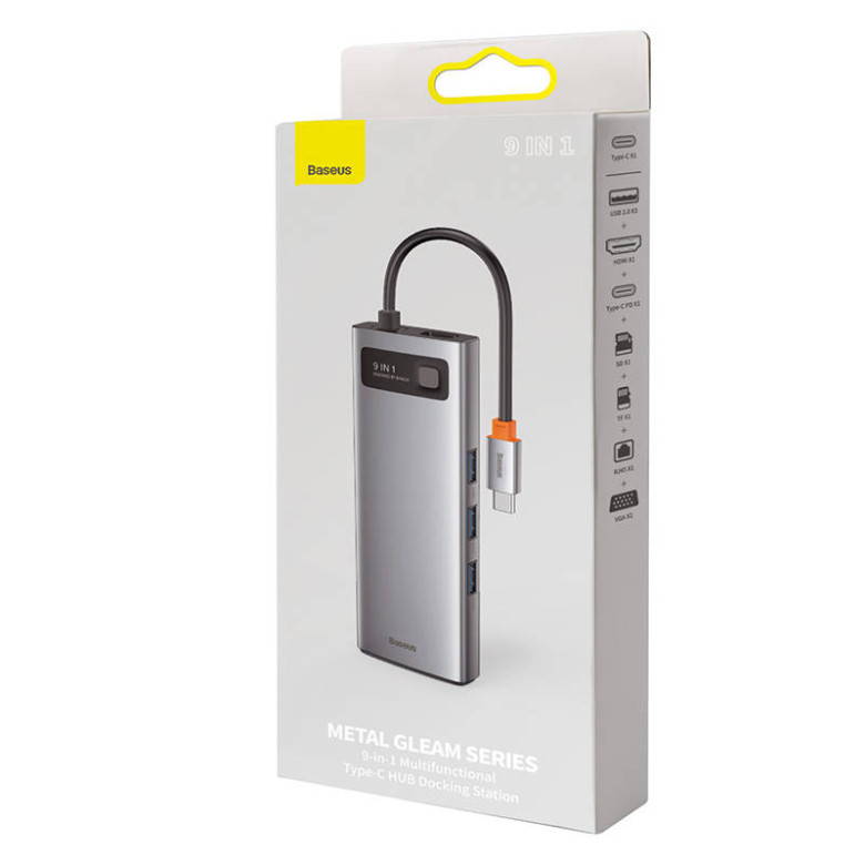 Baseus Metal Gleam Series 9 az 1-ben hub, USB-C - 3x USB 3.0 + HDMI + USB-C PD + Ethernet RJ45 + microSD / SD + VGA Baseus Metal Gleam Series 9 az 1-ben hub, USB-C - 3x USB 3.0 + HDMI + USB-C PD + Ethernet RJ45 + microSD / SD + VGA