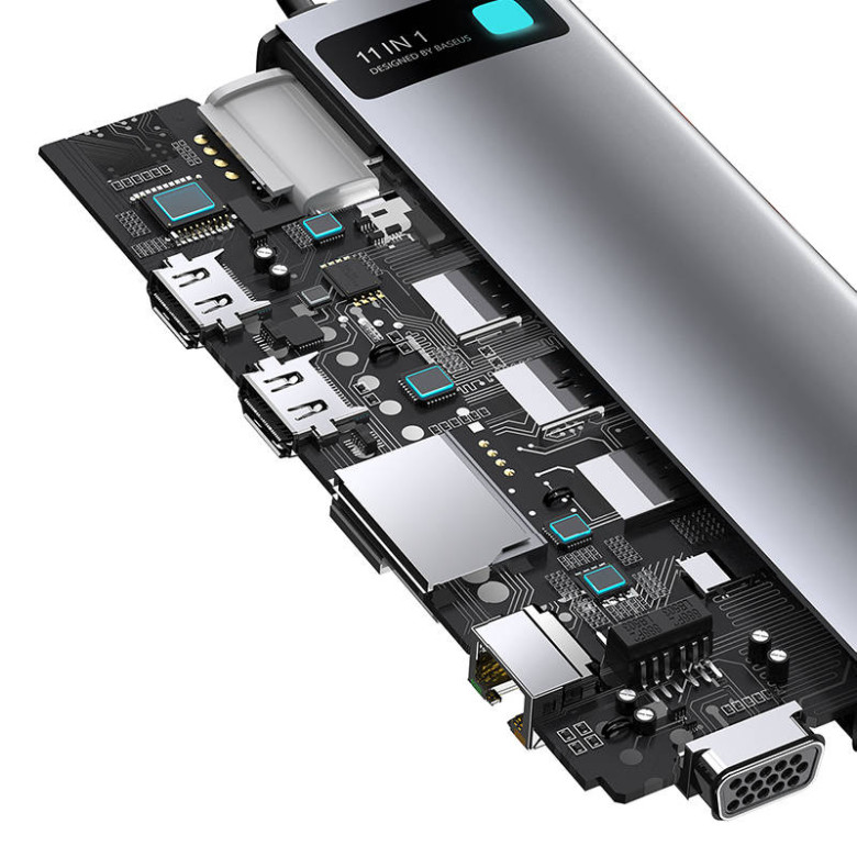 Baseus Metal Gleam Series 11 az 1-ben hub, USB-C - 3x USB 3.0 + 2x HDMI + USB-C PD + Ethernet RJ45 + microSD / SD + VGA + AUX Baseus Metal Gleam Series 11 az 1-ben hub, USB-C - 3x USB 3.0 + 2x HDMI + USB-C PD + Ethernet RJ45 + microSD / SD + VGA + AUX