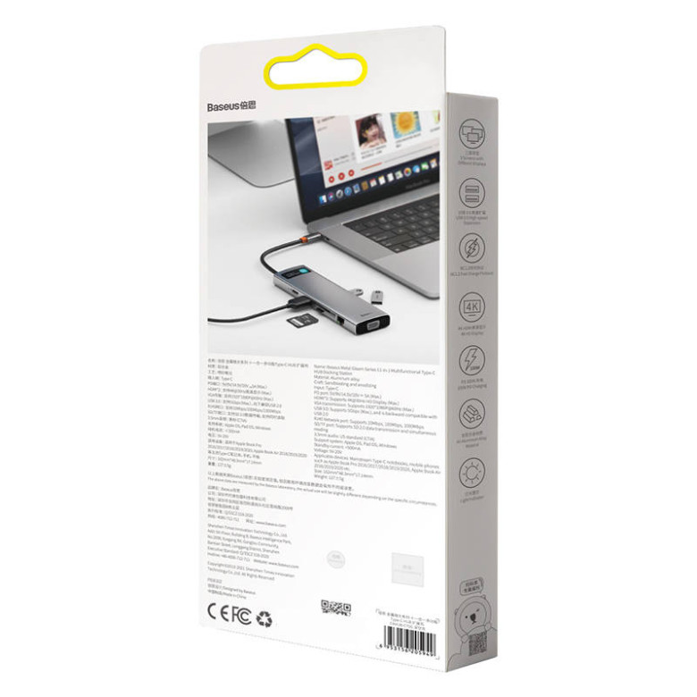 Baseus Metal Gleam Series 11 az 1-ben hub, USB-C - 3x USB 3.0 + 2x HDMI + USB-C PD + Ethernet RJ45 + microSD / SD + VGA + AUX Baseus Metal Gleam Series 11 az 1-ben hub, USB-C - 3x USB 3.0 + 2x HDMI + USB-C PD + Ethernet RJ45 + microSD / SD + VGA + AUX