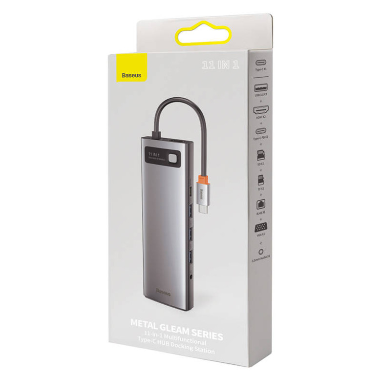 Baseus Metal Gleam Series 11 az 1-ben hub, USB-C - 3x USB 3.0 + 2x HDMI + USB-C PD + Ethernet RJ45 + microSD / SD + VGA + AUX Baseus Metal Gleam Series 11 az 1-ben hub, USB-C - 3x USB 3.0 + 2x HDMI + USB-C PD + Ethernet RJ45 + microSD / SD + VGA + AUX