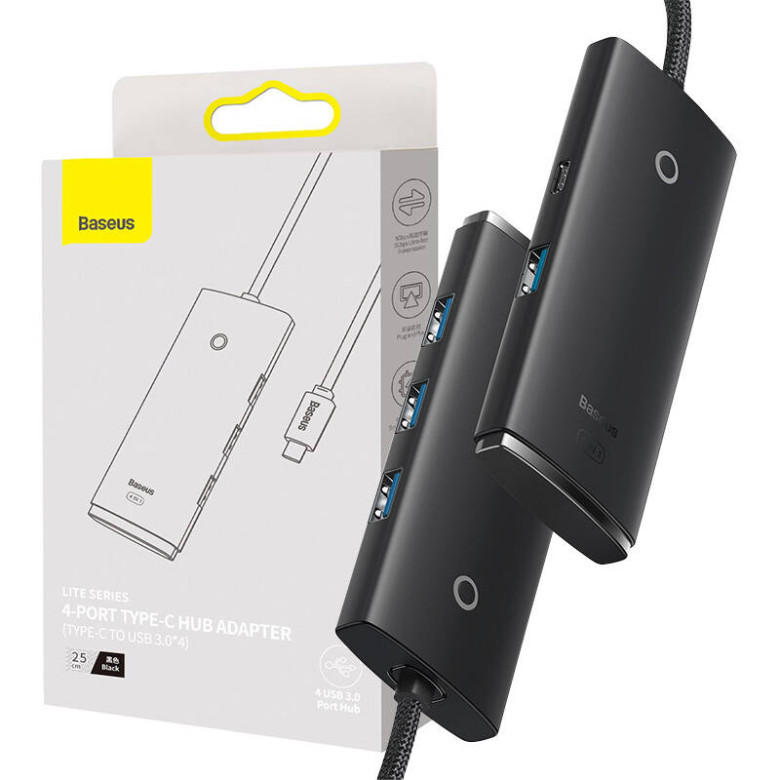 Baseus Lite sorozat Hub 4 az 1-ben USB-C 4x USB 3.0 + USB-C, 25cm (fekete) Baseus Lite sorozat Hub 4 az 1-ben USB-C 4x USB 3.0 + USB-C, 25cm (fekete)