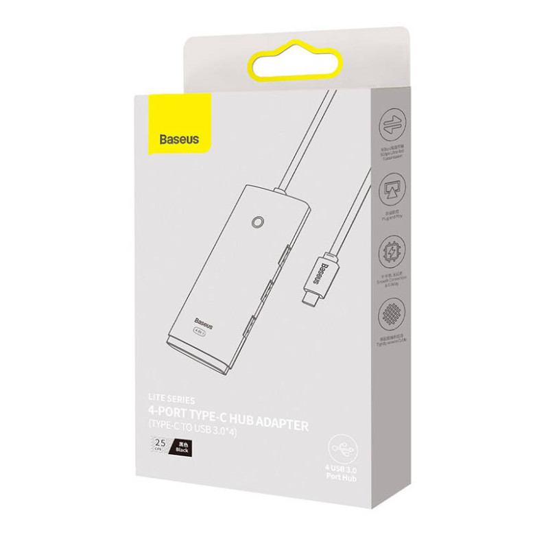 Baseus Lite sorozat Hub 4 az 1-ben USB-C 4x USB 3.0 + USB-C, 25cm (fekete) Baseus Lite sorozat Hub 4 az 1-ben USB-C 4x USB 3.0 + USB-C, 25cm (fekete)