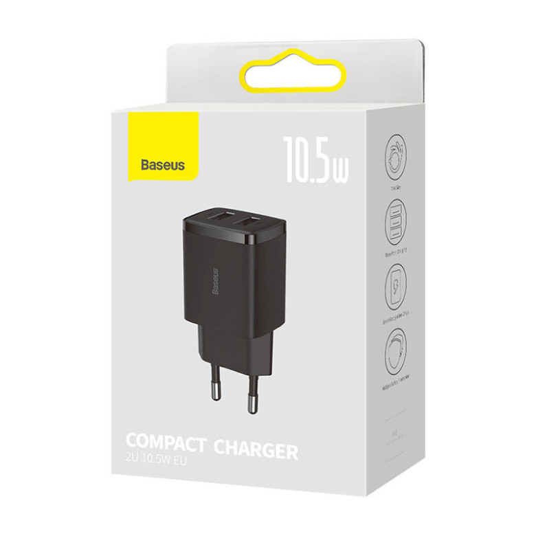Baseus kompakt gyorstöltő, 2x USB, 10.5W (fekete) Baseus kompakt gyorstöltő, 2x USB, 10.5W (fekete)