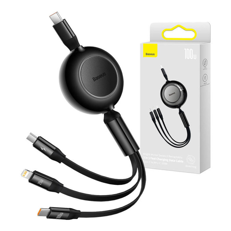 Baseus Bright Mirror 4, 3 az 1-ben Mikro USB / Lightning / USB-C kábel, 100W, 3.5A, 1.1 m (fekete)
