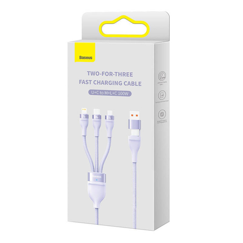 Baseus Flash Series 2, 3 az 1-ben USB kábel, USB-C / Micro USB / Lightning, 100W, 1.2m (lila) Baseus Flash Series 2, 3 az 1-ben USB kábel, USB-C / Micro USB / Lightning, 100W, 1.2m (lila)