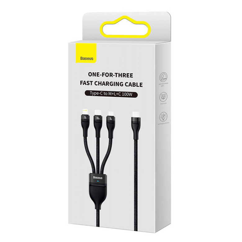 Baseus Flash Series 2, 3 az 1-ben USB kábel, USB-C / micro USB / Lightning, 100W, 1.5m (fekete) Baseus Flash Series 2, 3 az 1-ben USB kábel, USB-C / micro USB / Lightning, 100W, 1.5m (fekete)