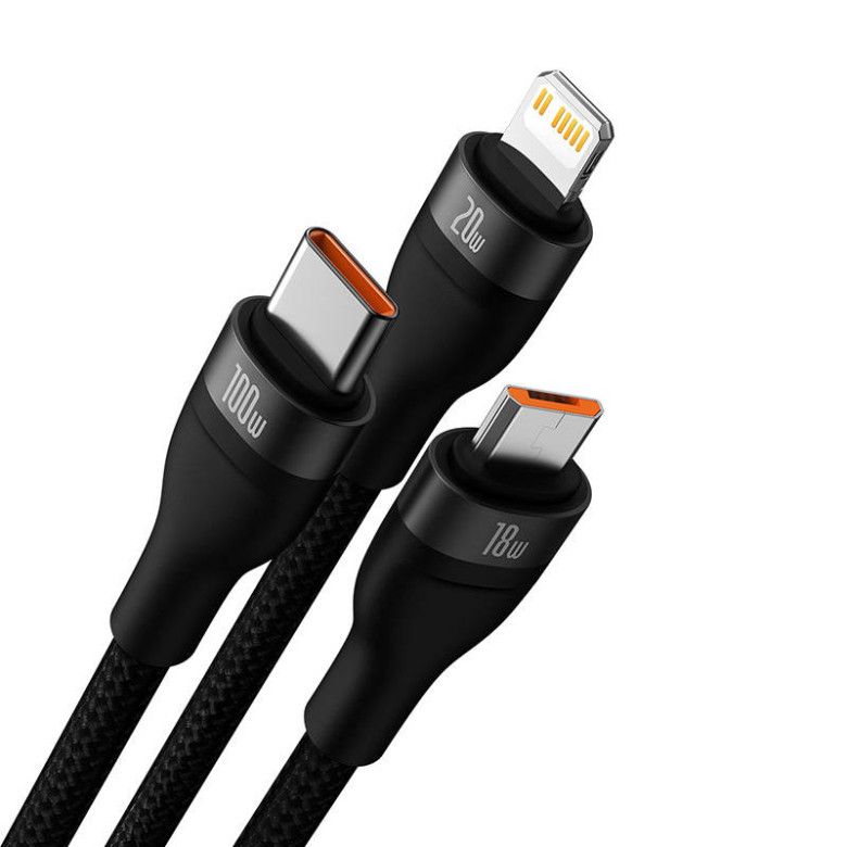 Baseus Flash Series 2, 3 az 1-ben USB kábel, USB-C / micro USB / Lightning, 100W, 1.5m (fekete) Baseus Flash Series 2, 3 az 1-ben USB kábel, USB-C / micro USB / Lightning, 100W, 1.5m (fekete)