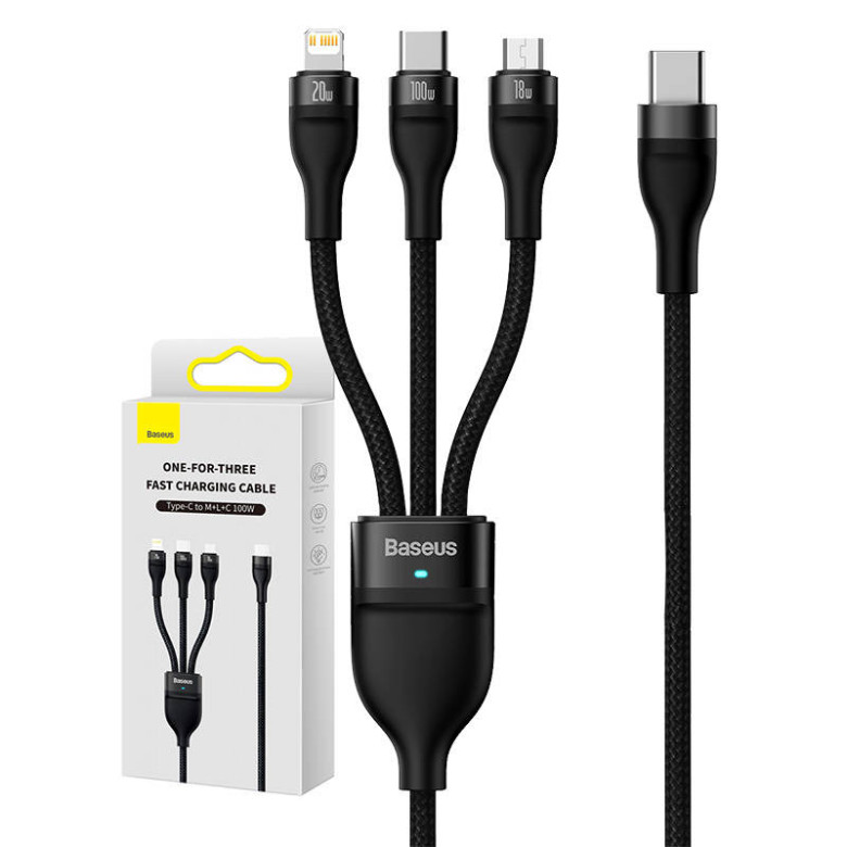 Baseus Flash Series 2, 3 az 1-ben USB kábel, USB-C / micro USB / Lightning, 100W, 1.5m (fekete) Baseus Flash Series 2, 3 az 1-ben USB kábel, USB-C / micro USB / Lightning, 100W, 1.5m (fekete)