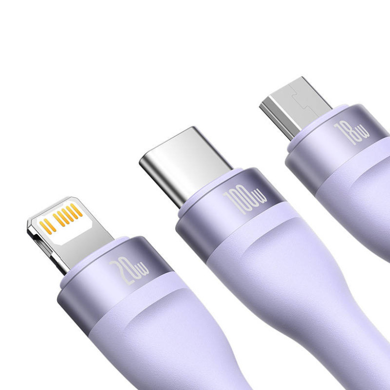Baseus Flash Series 2, 3 az 1-ben USB kábel, USB-C / micro USB / Lightning, 100W, 1.5m (lila) Baseus Flash Series 2, 3 az 1-ben USB kábel, USB-C / micro USB / Lightning, 100W, 1.5m (lila)
