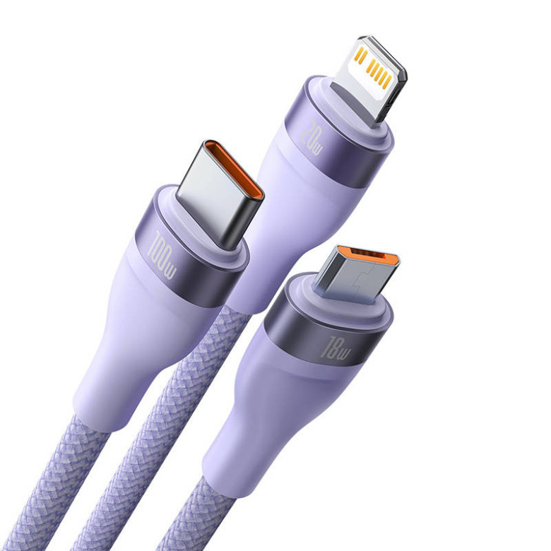 Baseus Flash Series 2, 3 az 1-ben USB kábel, USB-C / micro USB / Lightning, 100W, 1.5m (lila) Baseus Flash Series 2, 3 az 1-ben USB kábel, USB-C / micro USB / Lightning, 100W, 1.5m (lila)