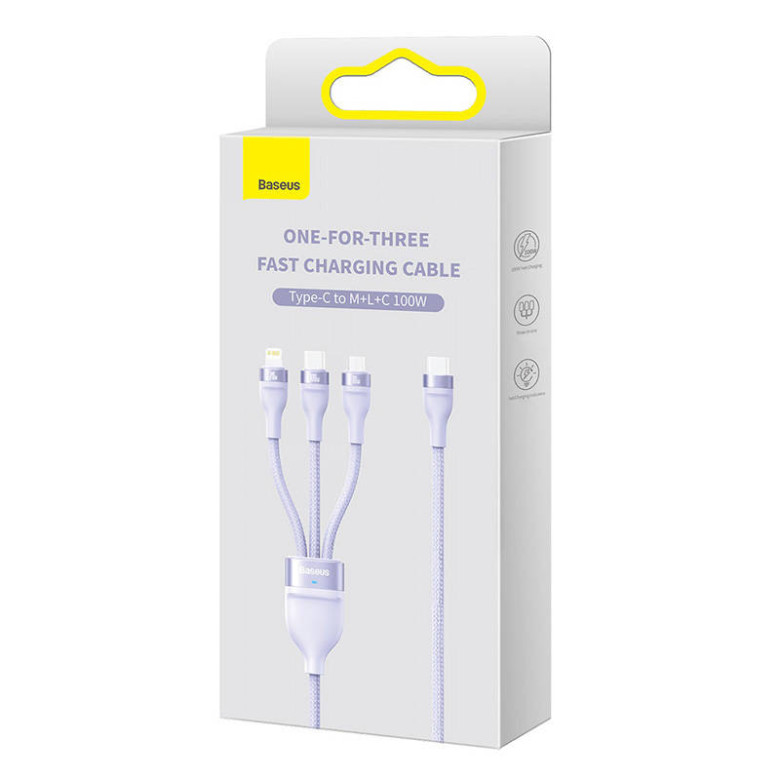 Baseus Flash Series 2, 3 az 1-ben USB kábel, USB-C / micro USB / Lightning, 100W, 1.5m (lila) Baseus Flash Series 2, 3 az 1-ben USB kábel, USB-C / micro USB / Lightning, 100W, 1.5m (lila)