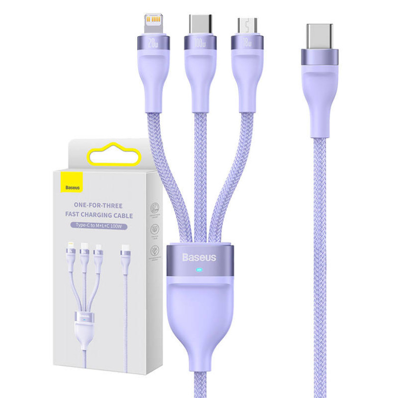 Baseus Flash Series 2, 3 az 1-ben USB kábel, USB-C / micro USB / Lightning, 100W, 1.5m (lila)