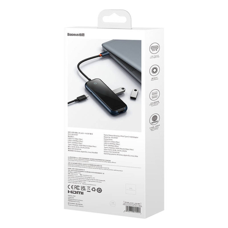 Baseus AcmeJoy 5 az 1-ben Hub, USB-C - 2xUSB 3.0, USB 2.0, USB-C PD, RJ45 (sötétszürke) Baseus AcmeJoy 5 az 1-ben Hub, USB-C - 2xUSB 3.0, USB 2.0, USB-C PD, RJ45 (sötétszürke)
