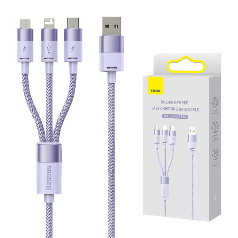 Baseus StarSpeed 3 az 1-ben töltőkábel USB - USB-C + Micro + Lightning 3,5A, 1.2m (lila) Baseus StarSpeed 3 az 1-ben töltőkábel USB - USB-C + Micro + Lightning 3,5A, 1.2m (lila)