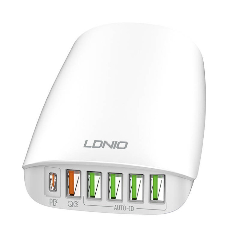 LDNIO A6573C EU 5USB, USB-C 65W fali töltő + hálózati kábel LDNIO A6573C EU 5USB, USB-C 65W fali töltő + hálózati kábel