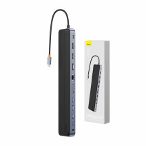 Baseus EliteJoy Gen2 12 az 1-ben HUB, USB-C + 2xHDMI + 3xUSB 3.0 + PD + DP + SD/TF + RJ45 + USB-C + 3.5mm (sötétszürke)