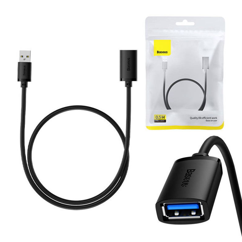 Baseus USB 3.0 hímivarú és nőivarú hosszabbító, AirJoy sorozat, 0,5m (fekete)