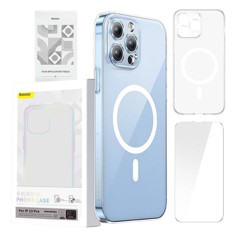 Baseus Magnetic Crystal Clear telefontok iPhone 13 Pro készülékhez (átlátszó), teljesen edzett üvegből készült képernyővédővel és tisztító készlettel