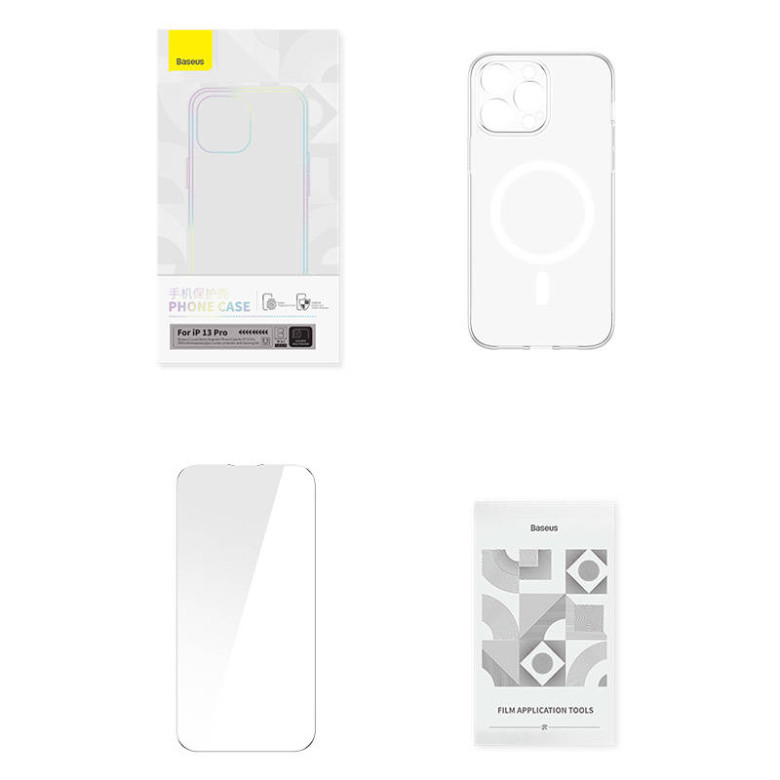 Baseus Magnetic Crystal Clear telefontok iPhone 13 Pro készülékhez (átlátszó), teljesen edzett üvegből készült képernyővédővel és tisztító készlettel Baseus Magnetic Crystal Clear telefontok iPhone 13 Pro készülékhez (átlátszó), teljesen edzett üvegből készült képernyővédővel és tisztító készlettel