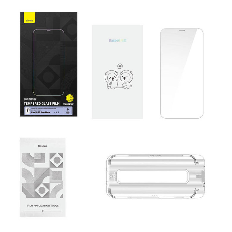 Baseus 0,4 mm-es Corning HD edzett üveg iPhone 12 Pro Max készülékhez + tisztító készlet Baseus 0,4 mm-es Corning HD edzett üveg iPhone 12 Pro Max készülékhez + tisztító készlet
