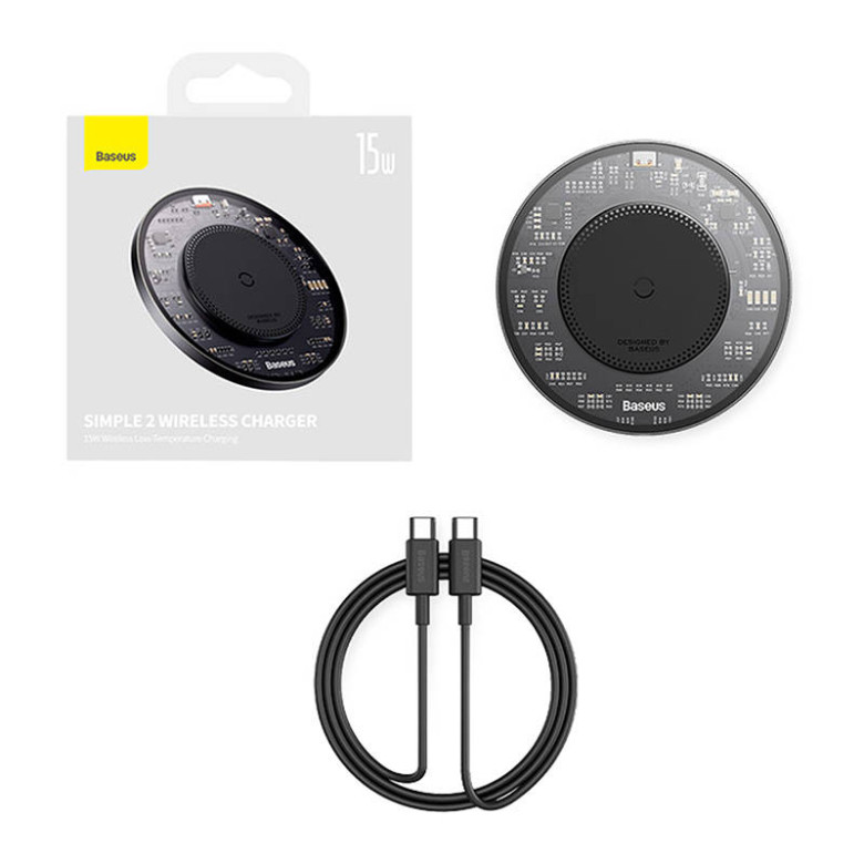 Baseus Simple 2 vezeték nélküli induktív töltő, 15W, USB-C USB-C kábellel (fekete) Baseus Simple 2 vezeték nélküli induktív töltő, 15W, USB-C USB-C kábellel (fekete)
