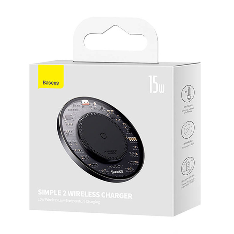 Baseus Simple 2 vezeték nélküli induktív töltő, 15W, USB-C USB-C kábellel (fekete) Baseus Simple 2 vezeték nélküli induktív töltő, 15W, USB-C USB-C kábellel (fekete)