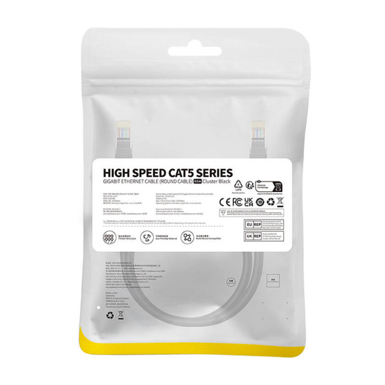 Baseus Ethernet CAT5 hálózati kábel, 0,5m (fekete) Baseus Ethernet CAT5 hálózati kábel, 0,5m (fekete)